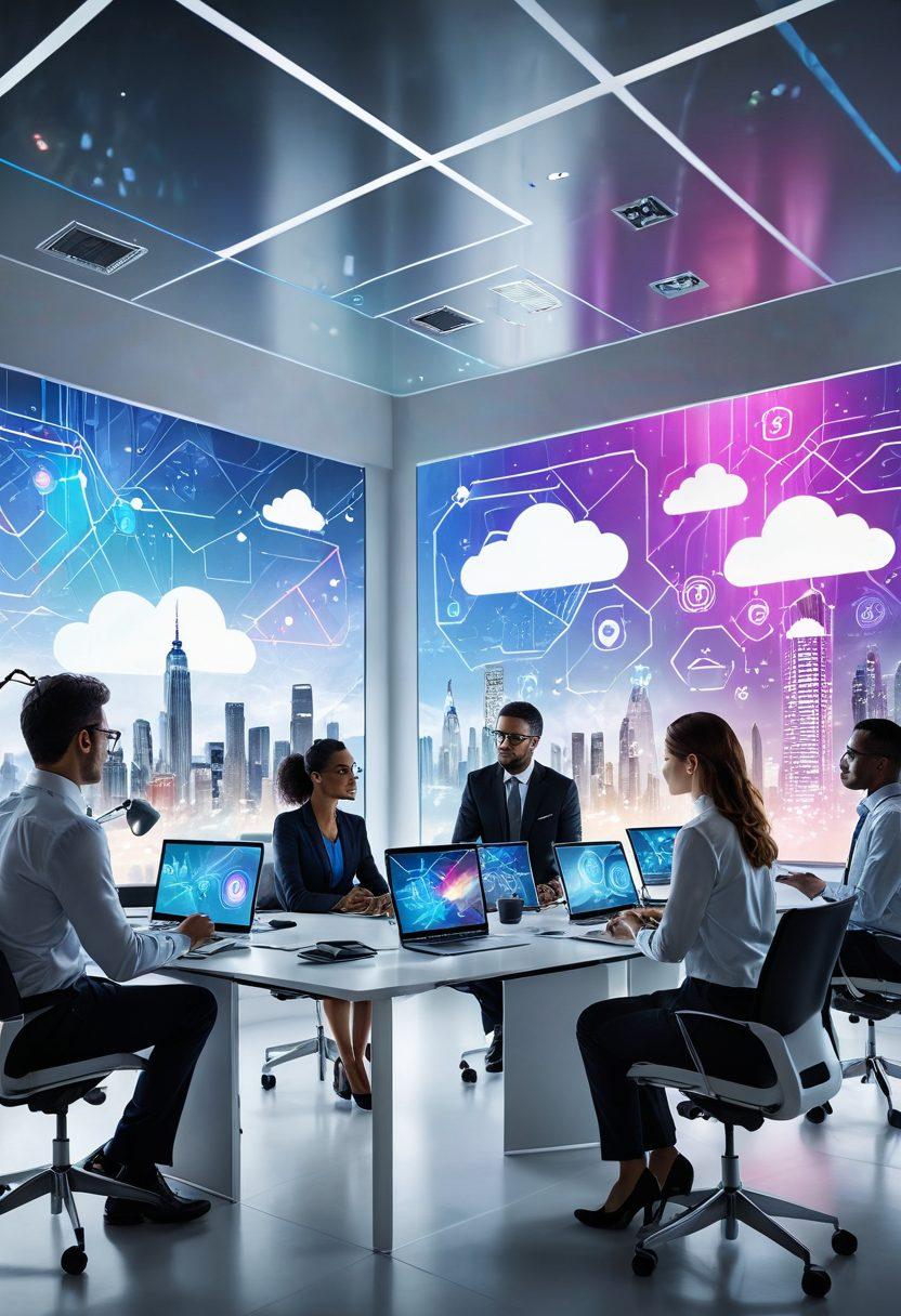 A modern office environment showcasing diverse professionals collaborating over digital devices, surrounded by elements representing technology transformation like holographic charts and cloud icons. Include vibrant colors to convey innovation and dynamism. The backdrop features futuristic cityscapes with data flowing across the sky. super-realistic. vibrant colors. white background.
