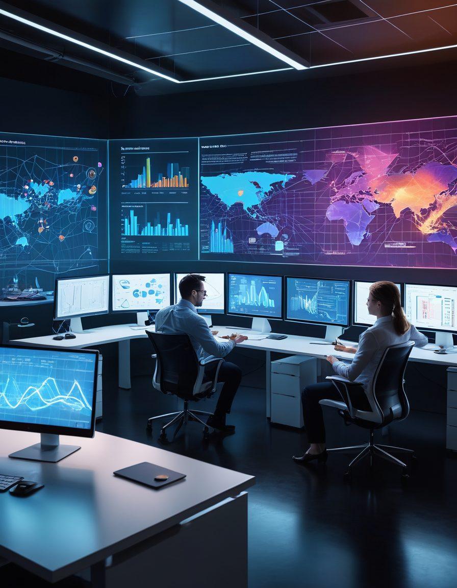 A futuristic office scene showcasing diverse professionals collaborating on cutting-edge software solutions. Visualize digital holograms presenting innovative technologies, with graphs and charts representing business transformation around them. Incorporate vibrant colors and sleek, modern design elements to evoke a sense of progress and innovation. super-realistic. vibrant colors.